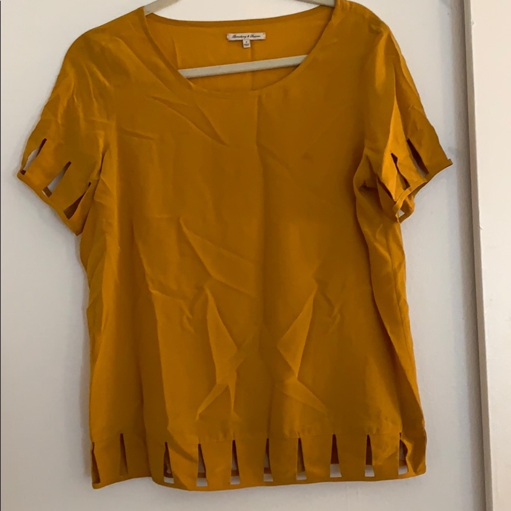 Gold silk top from madewell with cutout detail